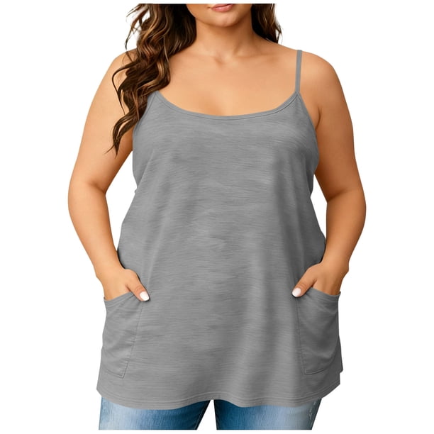TaTaai Plus Size Summer Tank Tops, Women's Loose Camisole with Pockets, Soft Round Neck Sleeveless Blouse for Casual Wear, Vacation, Dating, Office and Home, All Season Staple Piece Gift