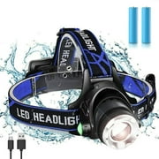 Madala Rechargeable Headlamp LED Flashlight 10000 High Lumens 3 Modes Headlight with USB Cable 2 Batteries