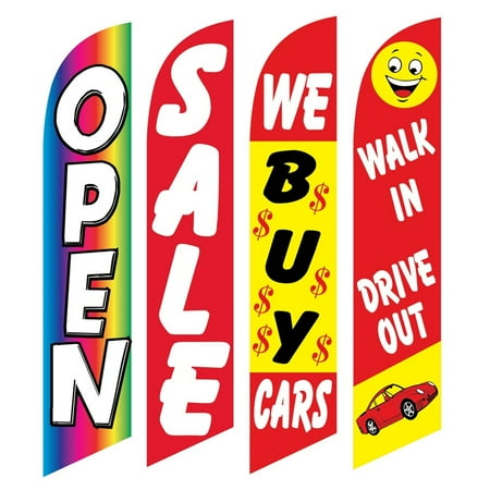 4 Advertising Swooper Flags Open Sale We Buy Cars Walk In Drive Out