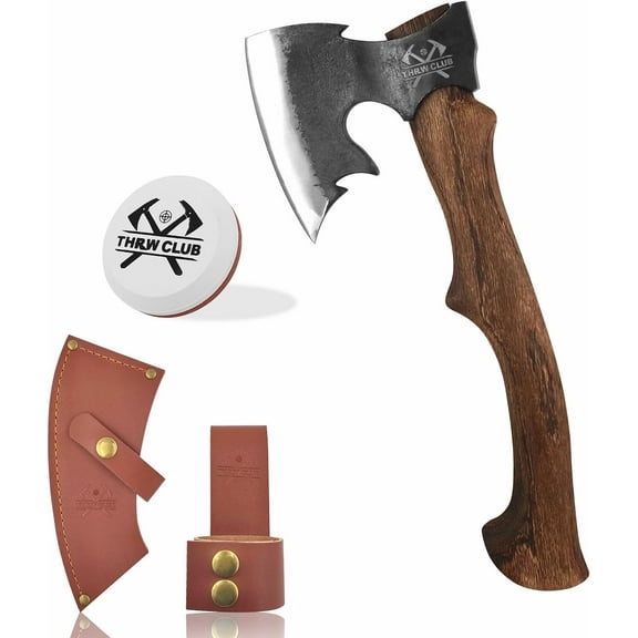 THRWCLUB 15.5" Hand Forged Hatchet, 1065 Carbon Steel, Wooden Handle, Leather Sheath, Axe Sharpener, for Camping & Gardening