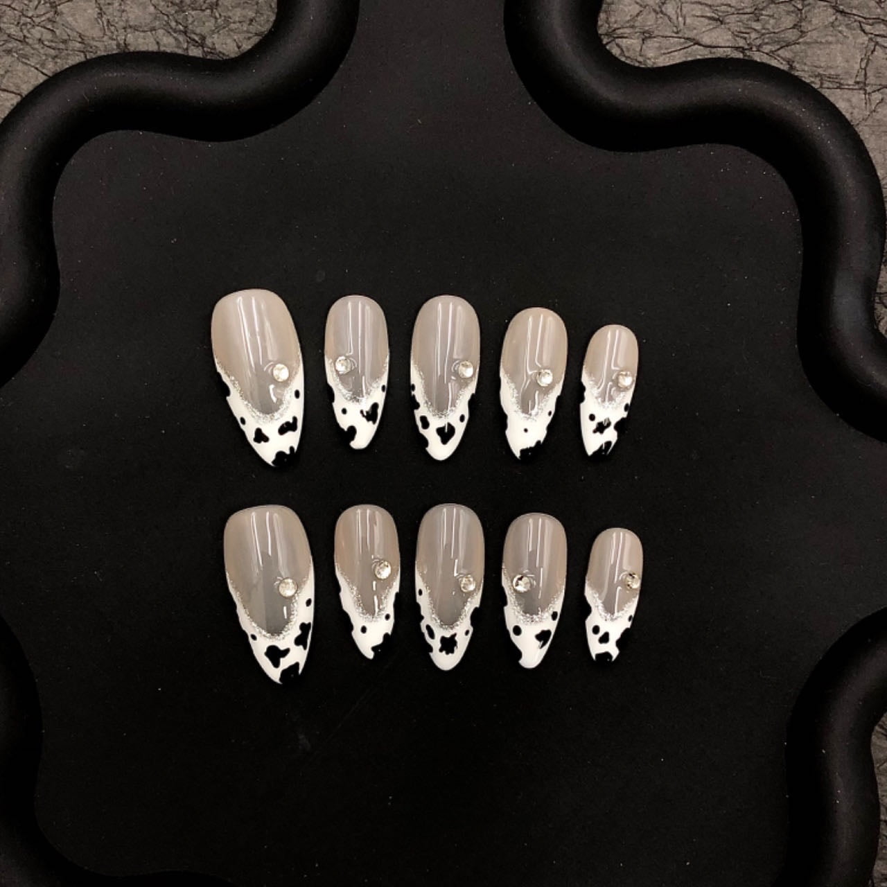 Handmade Press-On Nails - Cow Print with Rhinestones, Long Stiletto Fake Nails, 10pcs Reusable Set for Women