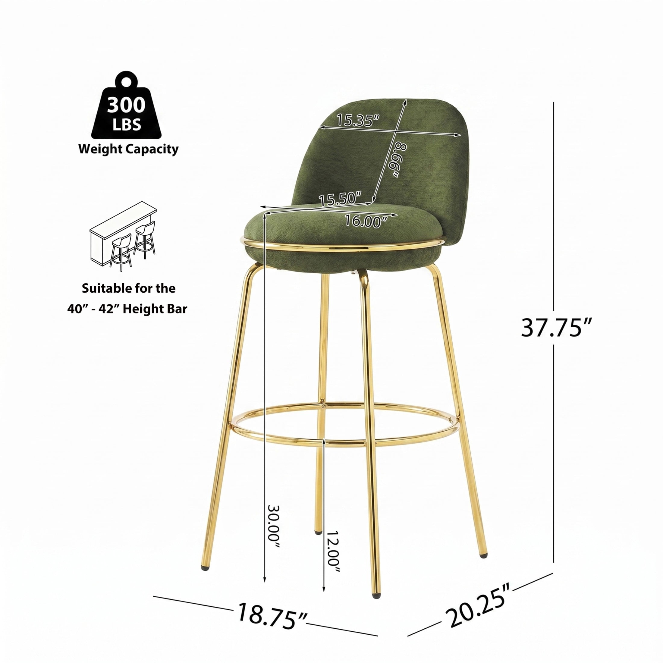 Christopher Knight Home Luxury Green Upholstered Bar Stools, Gold Metal Frames, Set of 4