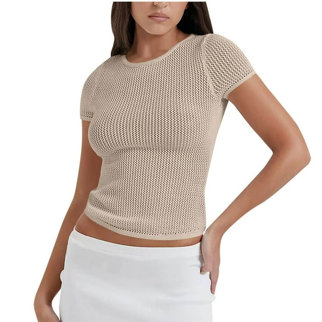 Plebaso Hauts Courts en Maille pour Femmes à Manches Courtes, Chandails Ajourés, Tricotés, Col Ras du Cou, Chandails à Enfiler, T-Shirts