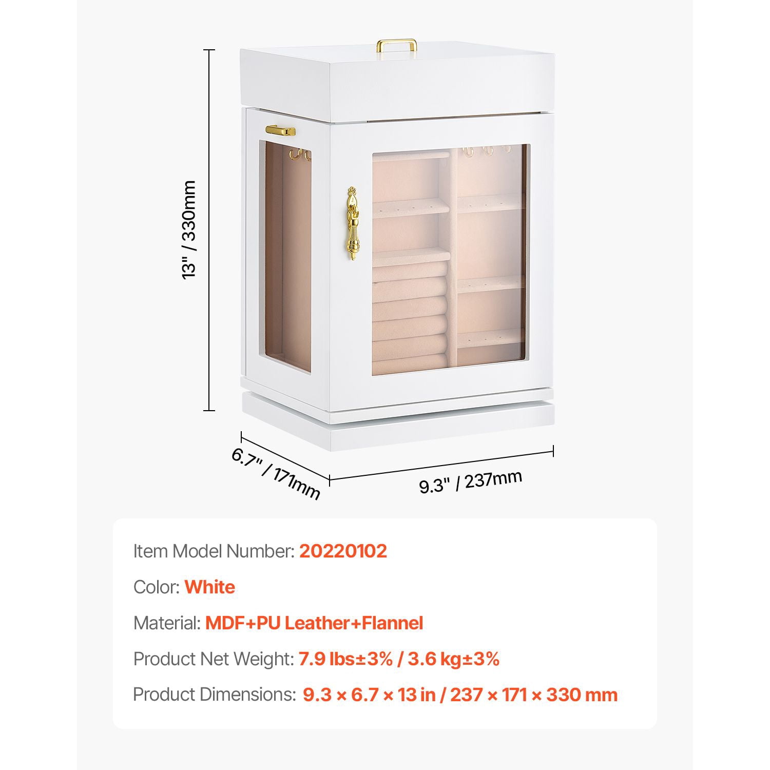 Jewelry Box Organizer with 360° Rotation, Magnetic Closure, Vertical Drawers, Metal Handle, for Rings Necklaces Earrings