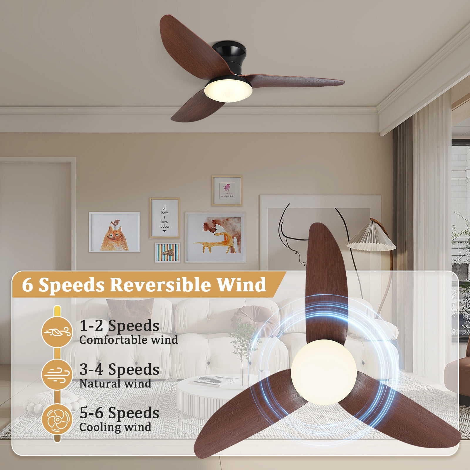 Laybasic 39" Ceiling Fans with Lights and Remote/APP Control, Flush Mount Low Profile Farmhouse LED Ceiling Fan Dimmable 6 Speed Reversible Noiseless for Bedroom, Indoor/Outdoor Use