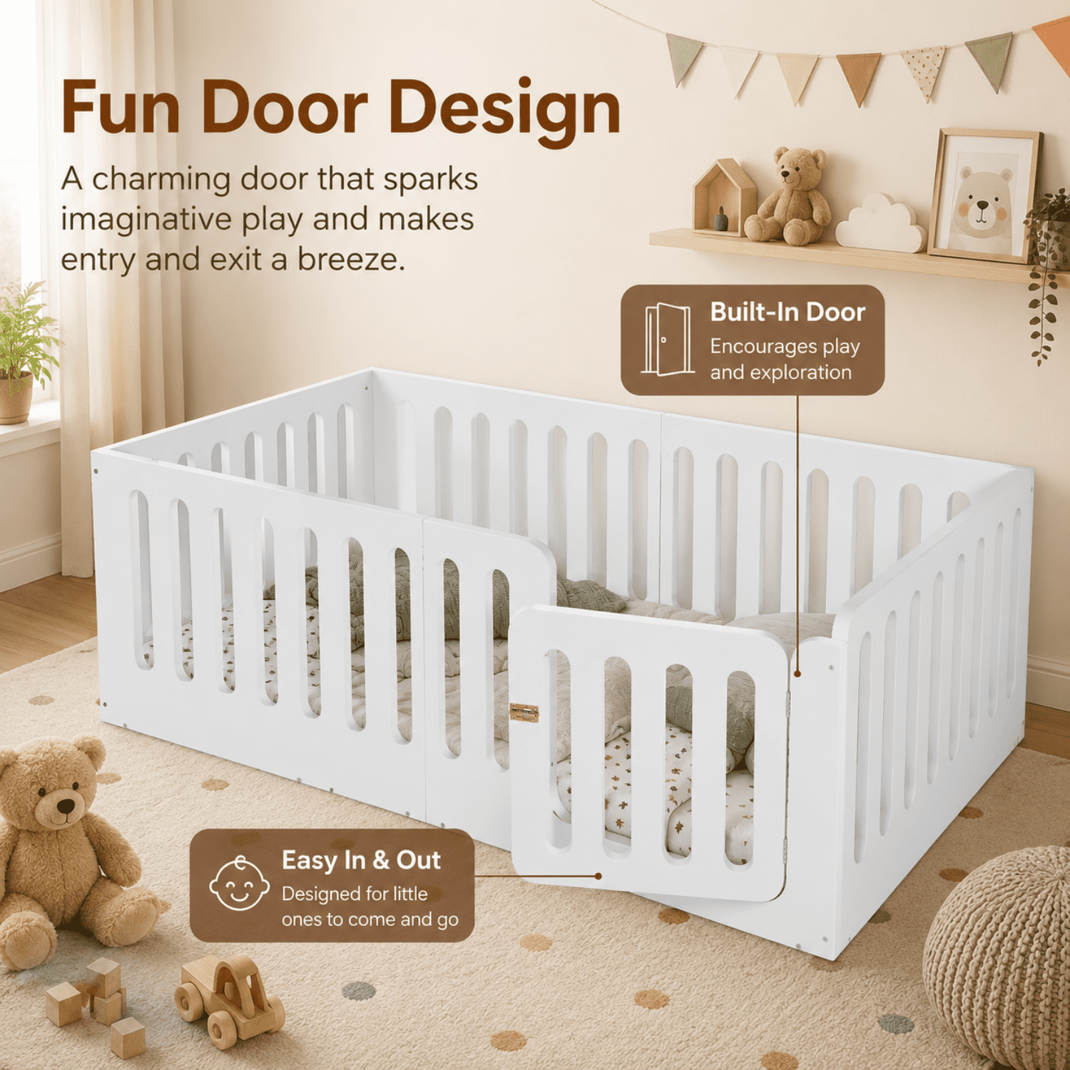 Miniyam Twin Floor Bed for Kids with Door and Guardrails, Low-Profile Wood Bed Frame, White