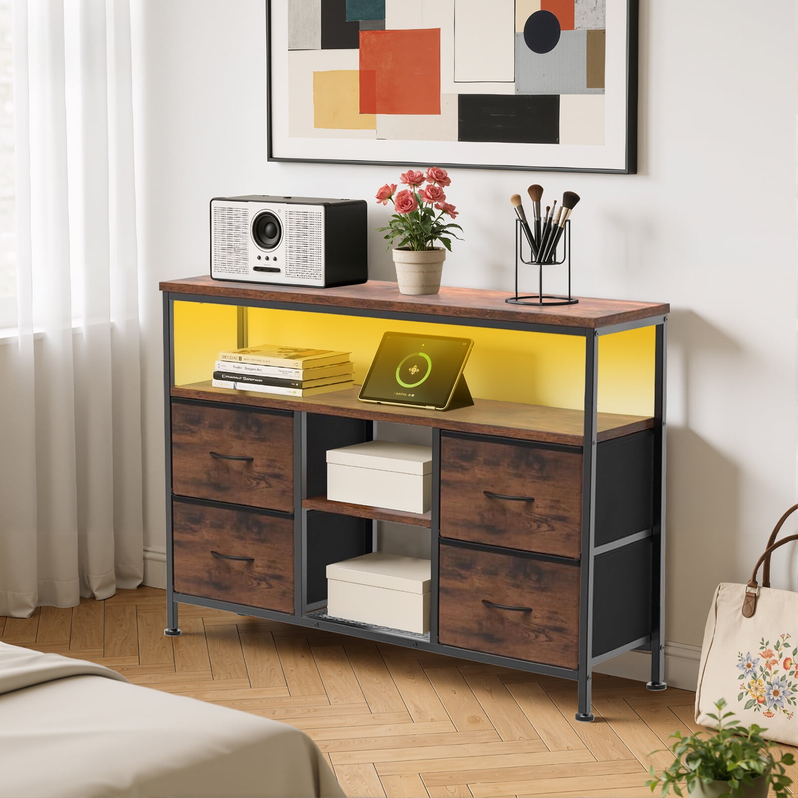 Simenmax TV Stand Dresser, Smart LED TV Stand with Charging Station, 4-Drawer Media Console for Living Room & Bedroom, Fits 50 Inch TV, Adjustable Feet, Brown