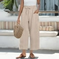 thumbnail image 2 of Beige Linen Capri Pants Women Work Elastic Wide Leg Stretch Cropped Pants High Waist Drawstring Comfy Summer Gauchos Pants with Pockets XXL, 2 of 6