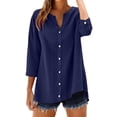 thumbnail image 4 of Women's Plus Size Cotton Linen Shirt, 3/4 Sleeve Button Down Blouse, Loose Fit Breathable Casual Top for Work, Daily Wear and Versatile Outfits Navy M, 4 of 10