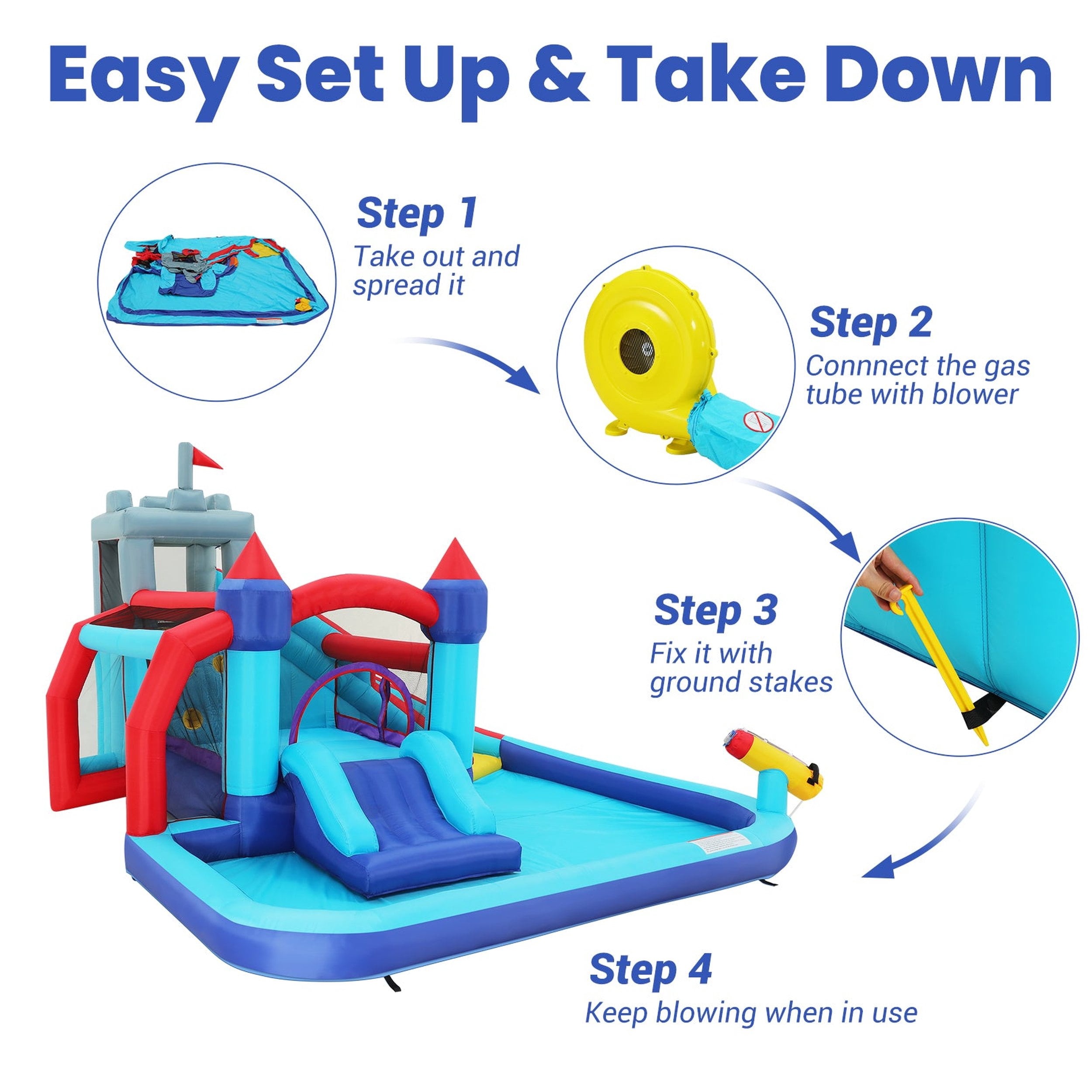 Funcid Inflatable Pool Water Slides, Bounce House Water Park Combo with Double Slides, Jumping Castle with Air Blower for Kids Backyard Outdoor
