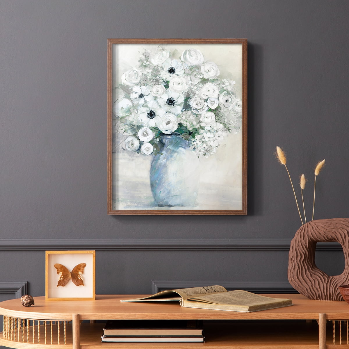 White Anemone Bouquet Framed Print in Brown Solid Wood 8 x 10 Framed Print