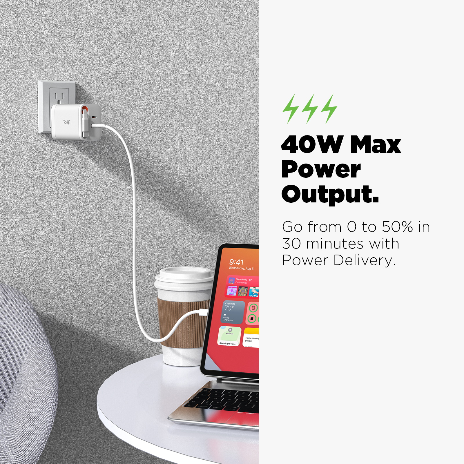 MyBat Pro  PowerSurge 40W+ Dual-Port GaN Charger with Retractable USB-C Cable - White