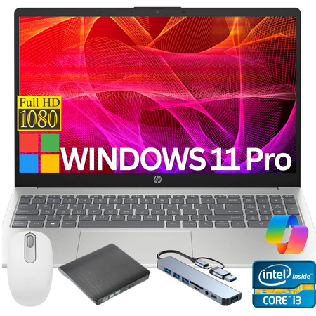 HP 15.6" FHD Laptop, Intel Core i3-N305, 16GB RAM, 256GB SSD, Natural Silver, Windows 11 Pro,Gift Set