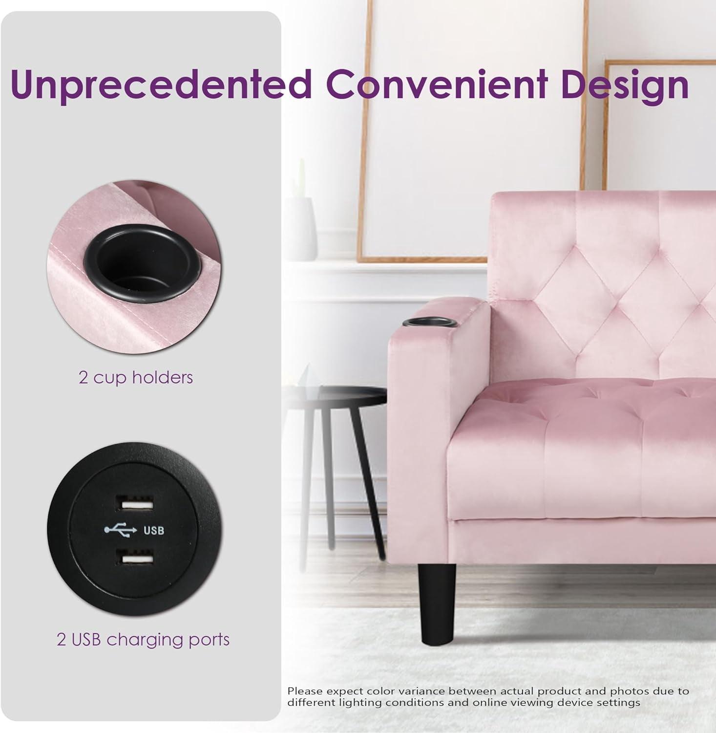 Coewske 62''W Tufted Linen Fabric Sofa Couch Loveseat w/ 2 USB Charger Ports & Cup Holders Pink