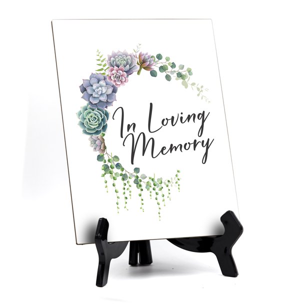 In Loving Memory Sign with Easel, Floral Crescent Design (6" x 8