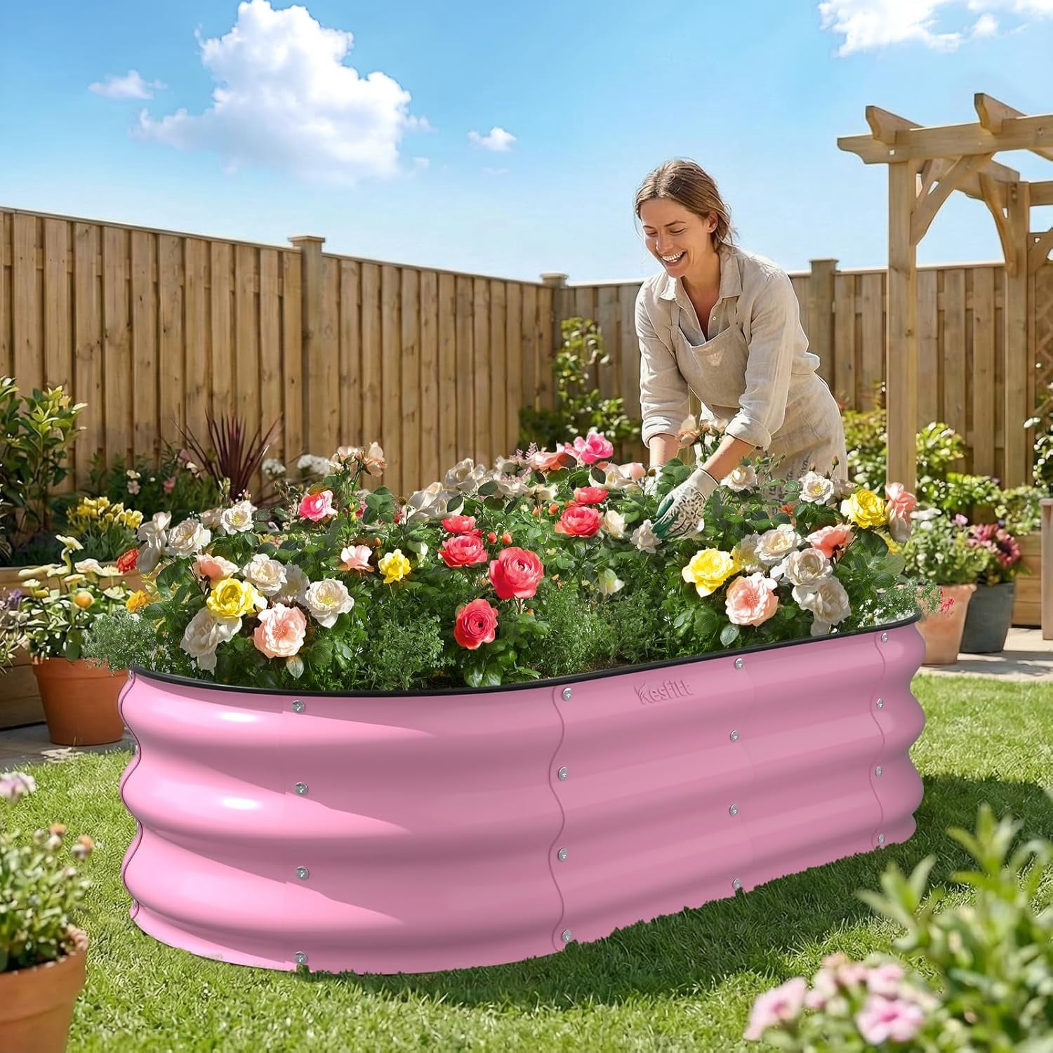 Raised Garden Bed, 4x2x1 FT Galvanized Steel Metal Raised Garden Bed, Oval Open-Bottom Design, 12-Inch Deep for Outdoor Vegetable & Herb Gardening, Blushing Pink