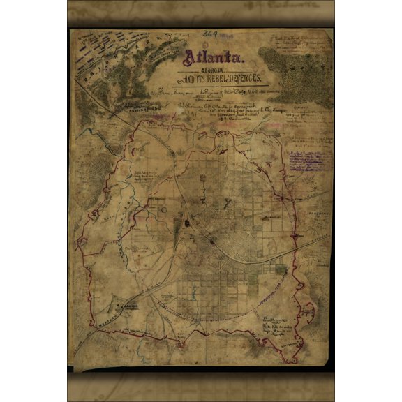 24"x36" Gallery Poster, civil war map of Atlanta, Georgia and its rebel defences 1864