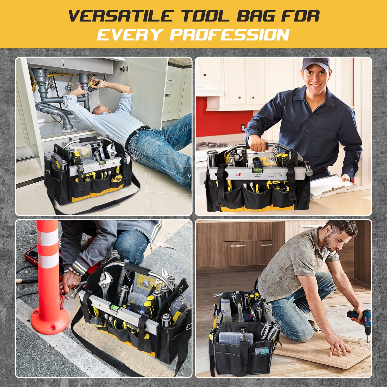 18" Heavy Duty Tool Bag, Open Top Tool Tote for Electricians, 30 Pockets, 1680D Oxford Fabric, Foldable with Rotating Handle, Reflective Tool Bag, Yellow