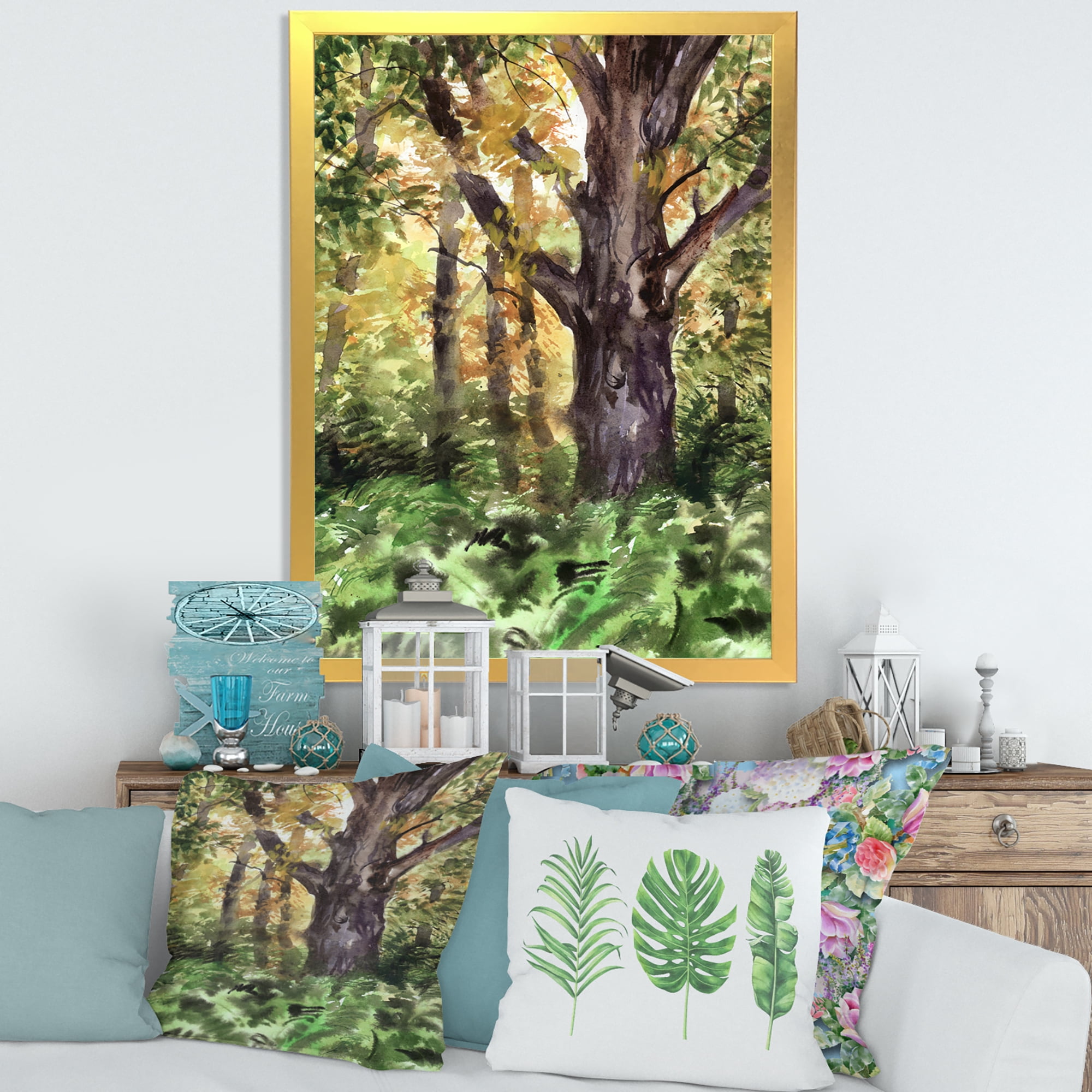 Designart 'Autumn Forest With A Large Tree' Lake House Framed Art Print