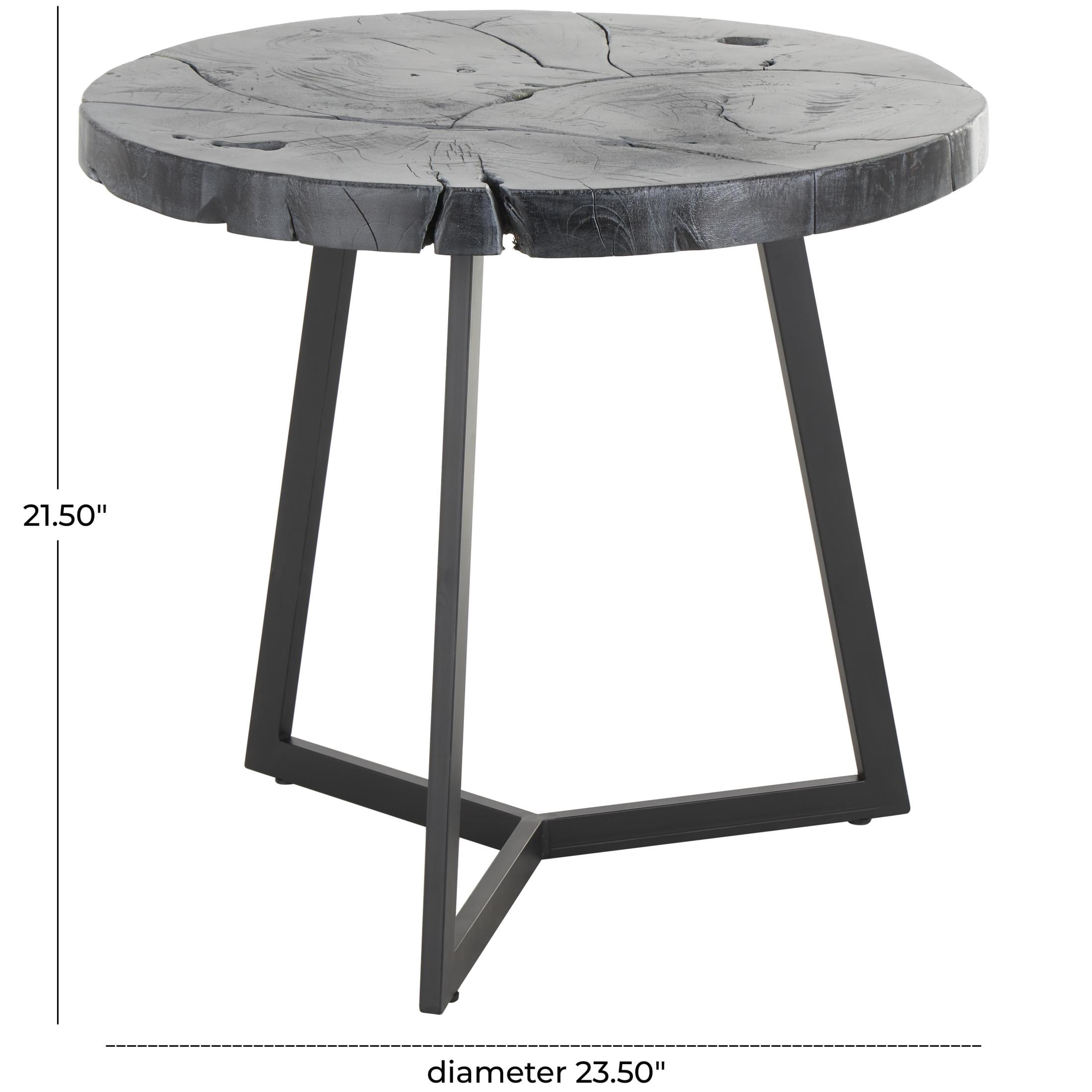 DecMode 24" x 22" Black Teak Wood Handmade Live Edge Geometric Accent Table with Black Metal Base, 1-Piece