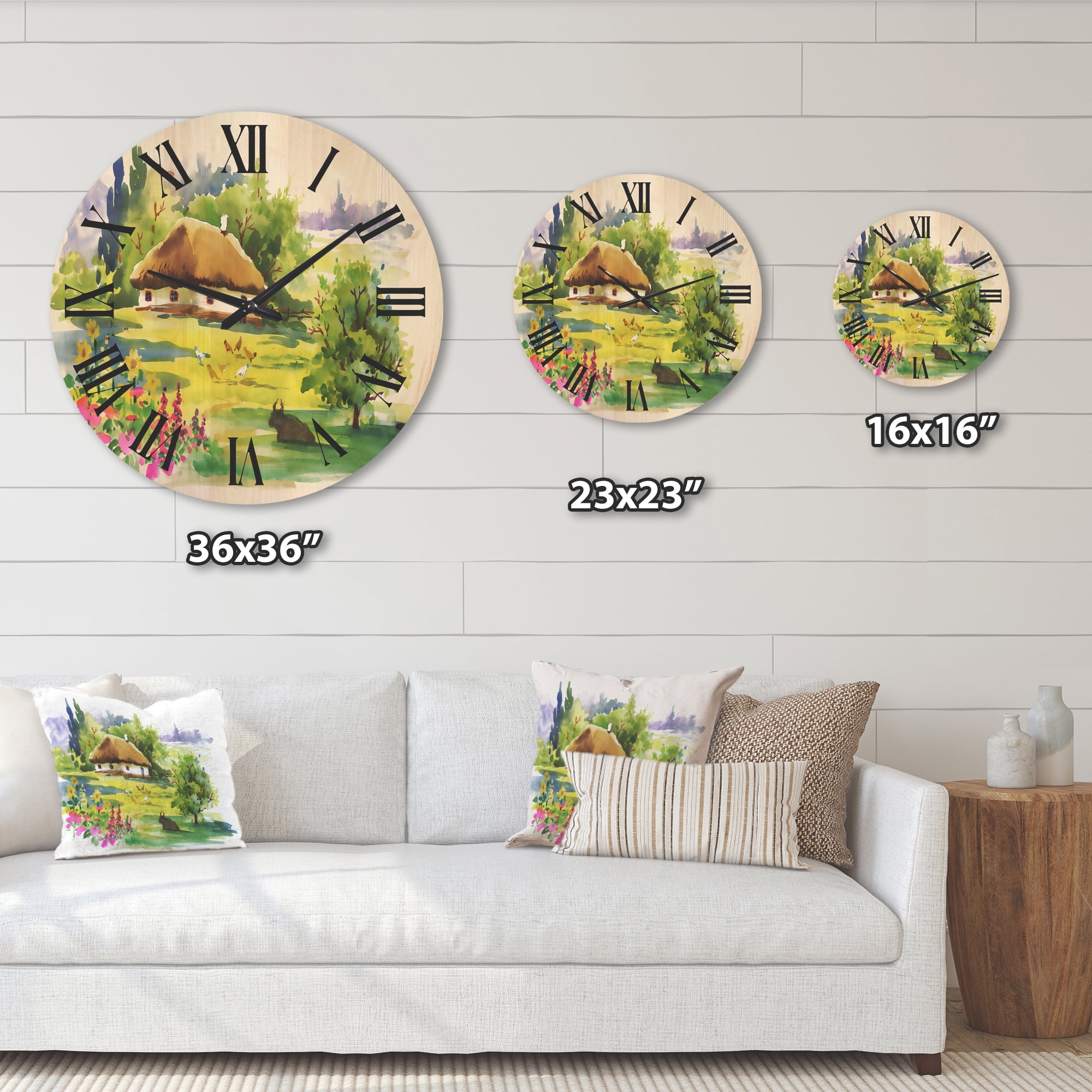 Designart 'Blossoming Greenlands And A Rural House' Traditional Wood Wall Clock