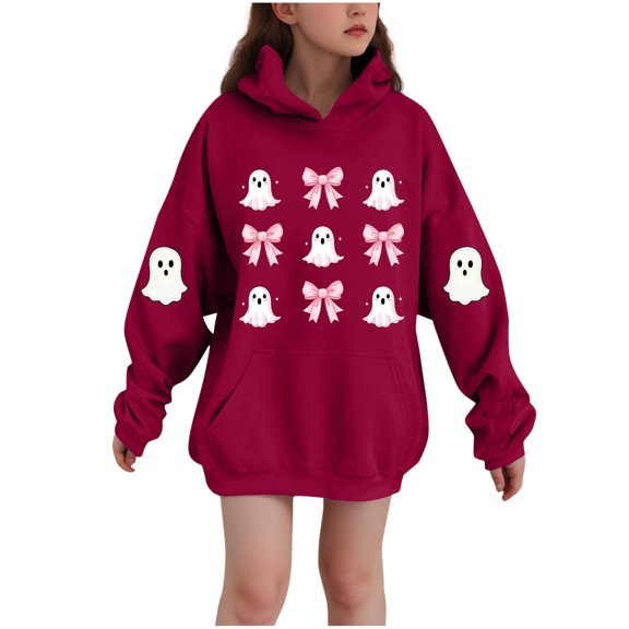 SERTG Children Halloween Printed Hooded Tops Long Sleeved Sweatshirt with Pockets Fleece Top Hooded Sweatshirt for Girls 3-14 Years(Red,3-4 Years)