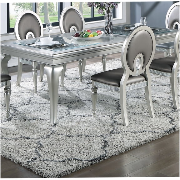Silver Champagne Modern Traditional Dining Table with Glass Insert Top for 6, Rectangular Rubber Wood and MDF Dining Room Table