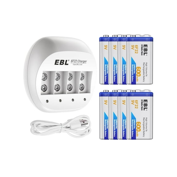 EBL 9v rechargeable batteries 8-Pack , 600mAh 9 Volt Battery with 4 Bay Charger