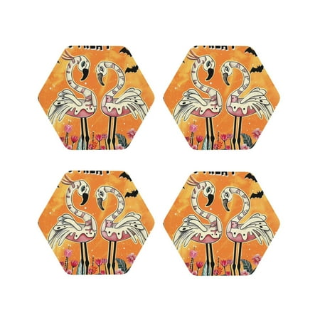 

Junzan Halloween Flamingos Print Coasters for Drinks - Leather Coasters Set of 4 for Coffee Table for Housewarming/Kitchen/Bar/Decor-Hexagon