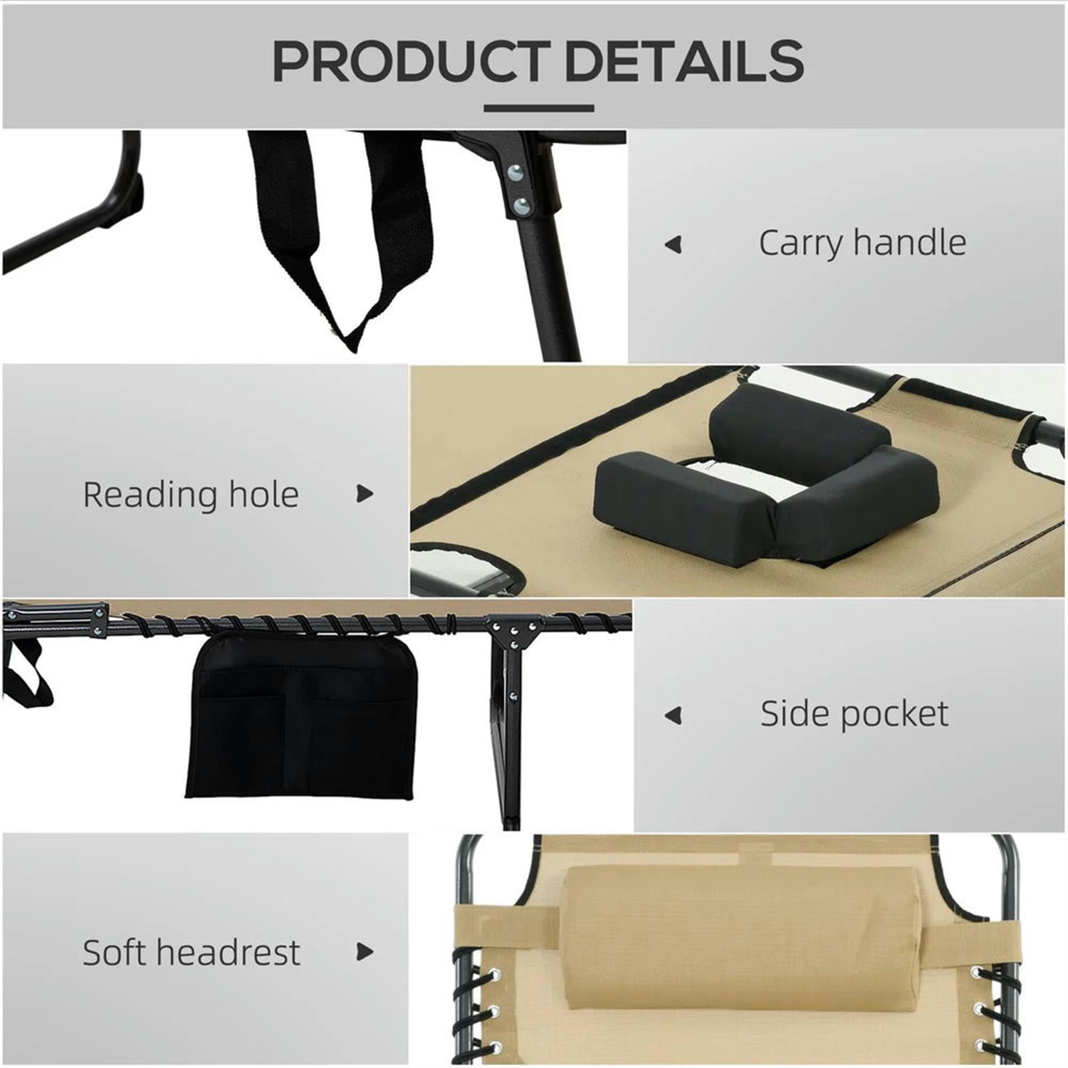 Demi Bonn Outdoor Folding Chaise Lounger with 5-Position Reclining, Built-in Reading Grommet, Side Storage, Pillow Relaxation for Sunbathing, Beige