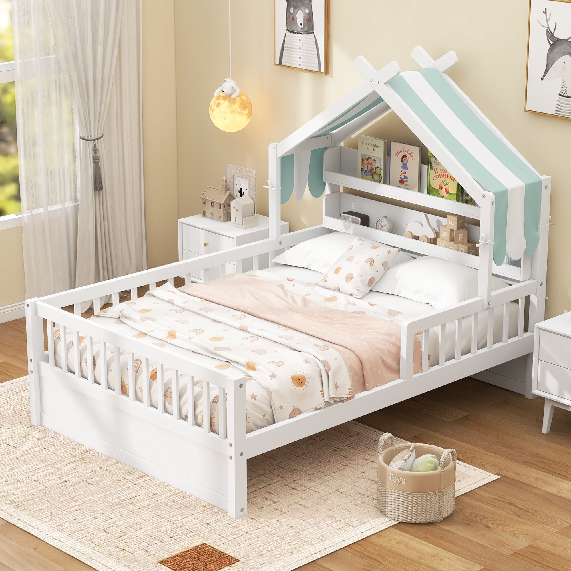 Euroco Wood Twin Size Platform Bed with Storage Headboard and Canopy, White