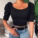 thumbnail image 4 of Camiseta informal con manga abombada y cuello redondo para mujer, camiseta ajustada acanalada de Color puro, Top negro M, 4 of 7