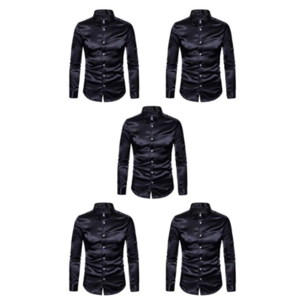 Qarigey Camisa transpirable para hombre Satén con mangas largas - Trabajo Boda o hogar Camisa para hombre Manga larga formal Negro grande S Type2 NO2