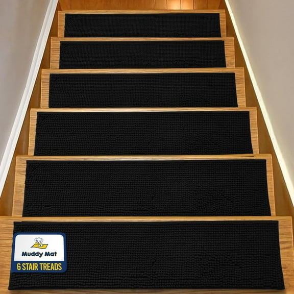 Muddy Mat® Pack of 6 - Soft Chenille Stair Treads Non-Slip Reusable, Super Absorbent Stair Treads for Wooden Steps, Tile & Marble floor, Easy to Install & Machine Washable - Black 30'' x 7''