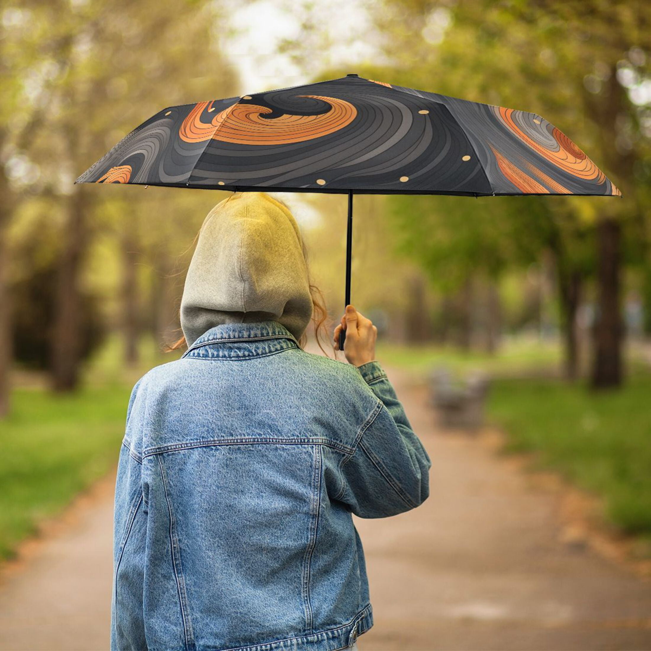 Black and Orange UPF 50+ Compact Folding Umbrella for Rain Windproof Travel Umbrella Lightweight Packable