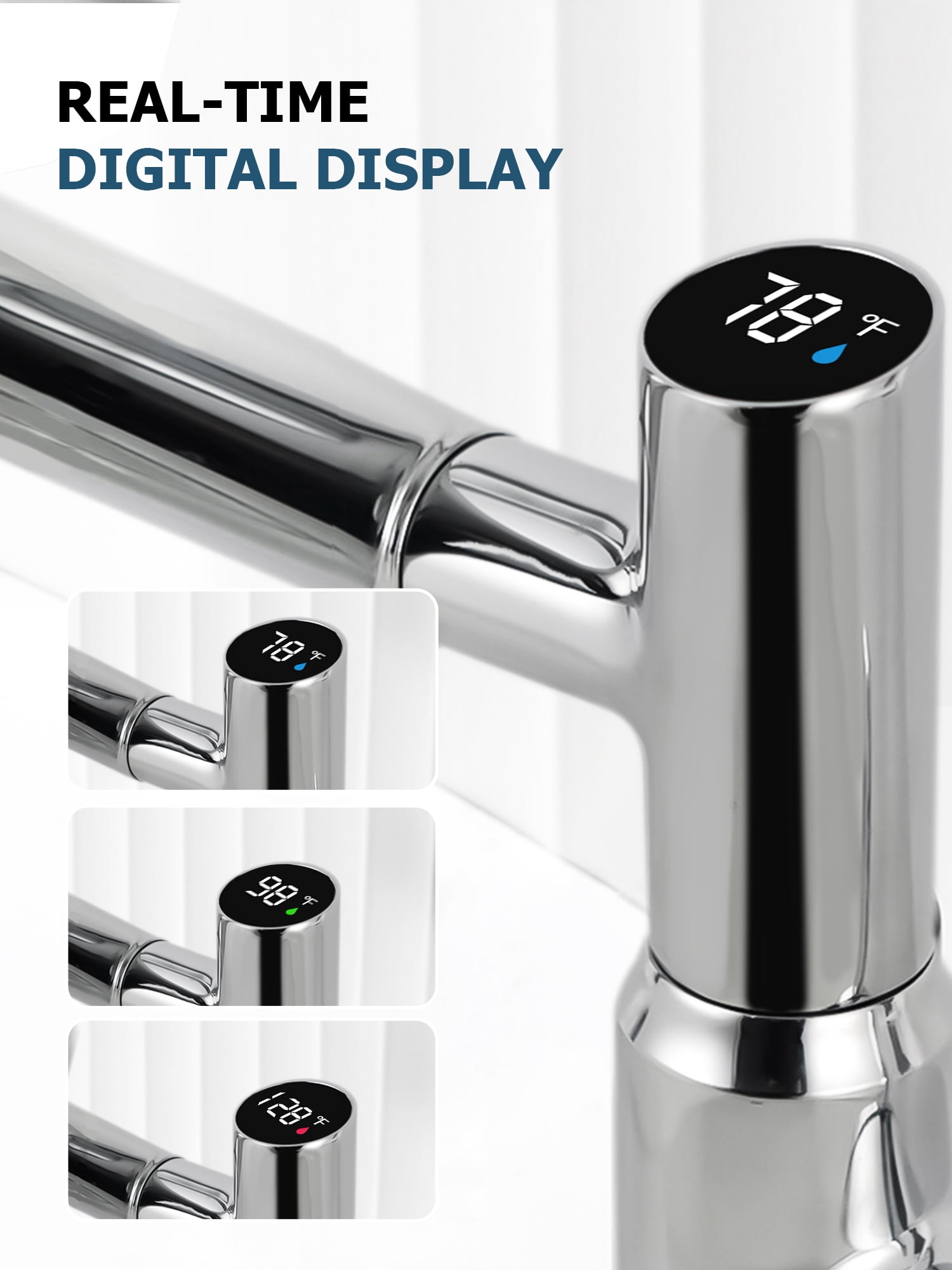 Lefton Rotatable Bathroom Faucet with Temperature Display in Fahrenheit (Batteries-Free), 3 Water Outlet Modes, Chrome, BF2204-1