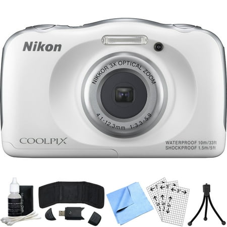 Nikon COOLPIX S33 13.2MP Digital Camera (White) Refurbished Bundle includes COOLPIX S33, Card Reader, Mini Tripod, Screen Protectors, 3 Piece Cleaning Kit, Memory Card Wallet and Beach Camera Cloth