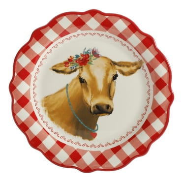 The Pioneer Woman Red Gingham with Cow Decal Round 8.75-Inch Ceramic Salad Plate