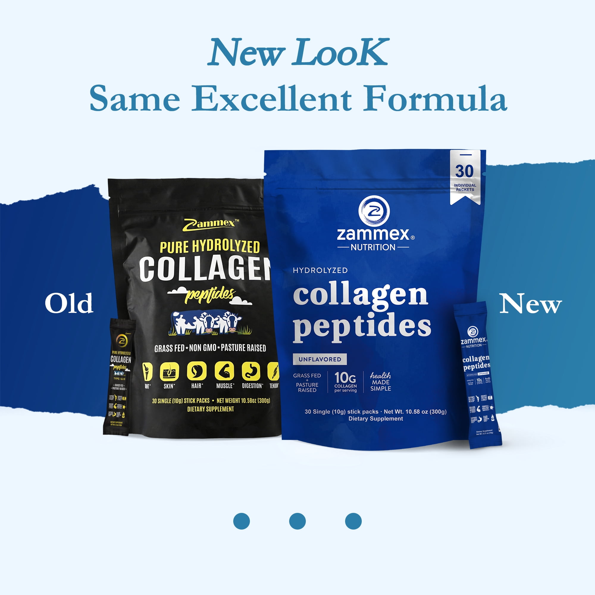 Zammex Grass Fed Bovin Collagen Peptides Powder Travel Packets, Unflavored Hydrolyzed Collagen Peptide Powder Packet, 30 pcs