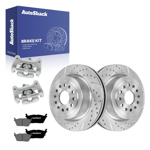 AutoShack Rear Vented Drilled & Slotted Silver Zinc Coated Brake Rotors   Premium Ceramic Pads   Calipers 8-PC Brake Kit Replacement for 2019-2024 Ram 1500 SilverShield Pro 14.76" (375 mm)