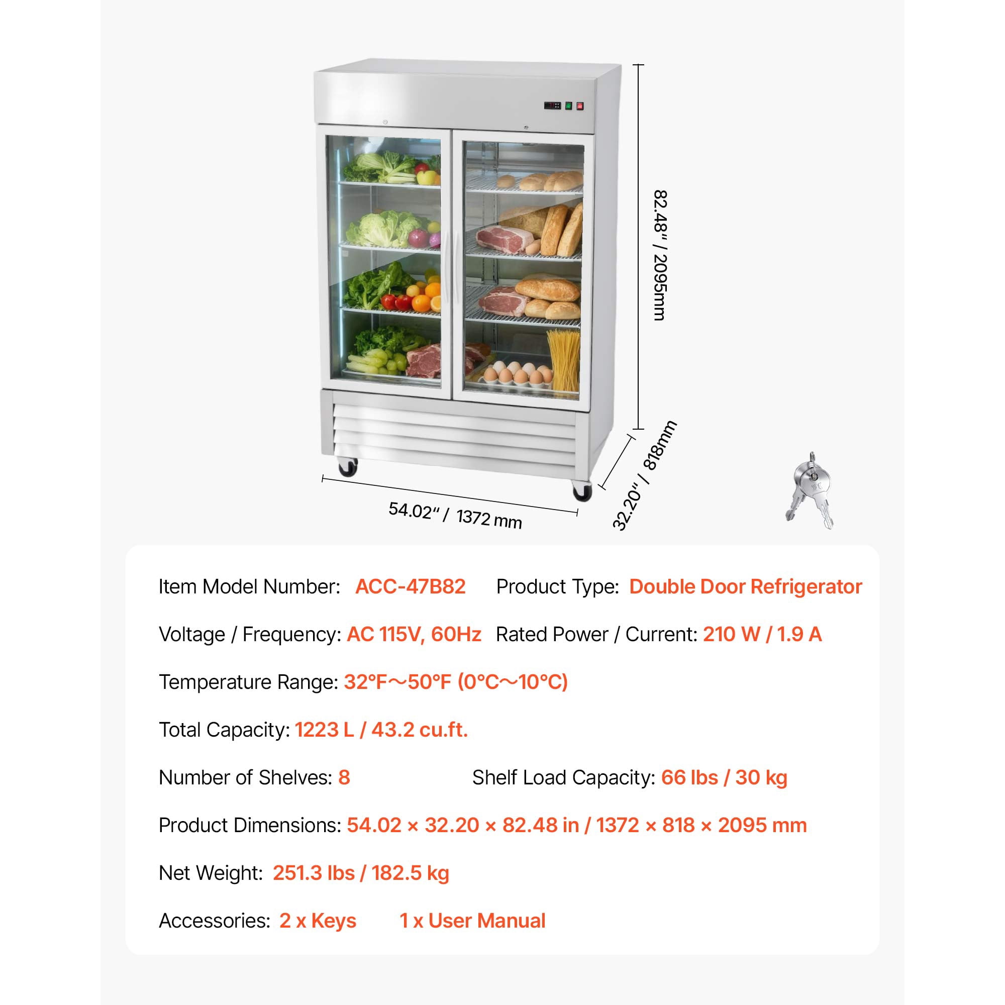 KFFKFF Commercial Stainless Steel Refrigerator 54" W, 44 Cu.Ft Upright Fridge with Double Glass Doors, Auto-Defrost, 8 Adjustable Shelves, 32-50℉ Temperature Range, ETL Certified