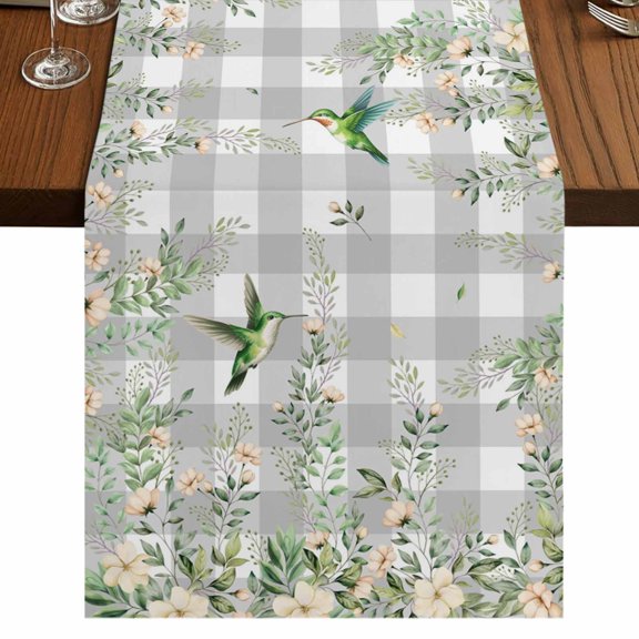 Table Runners 72 Inches Long Dress Scarves, Watercolor Floral Farmhouse Kitchen Table Runner, Coffee Tablerunners, Spring Flowers Birds Plants Gray Plaid 18x72 Inch