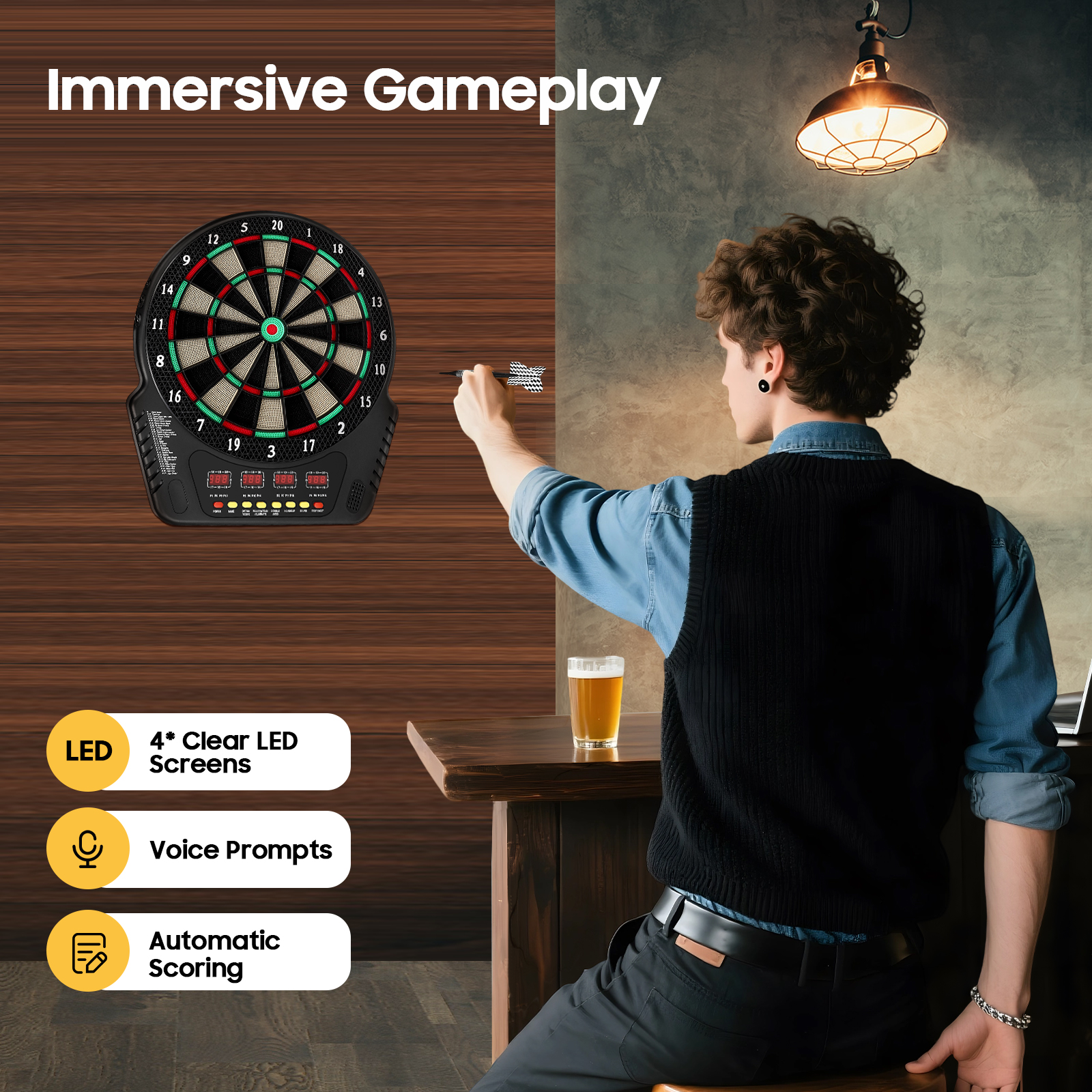 Wall Mounted Electronic Dart Board with 6 Darts, Digital Soft Tip Dart Board Voice Prompts Automatic Counting Dartboard Set Innovative Dart Machine, for Home Bar Game center