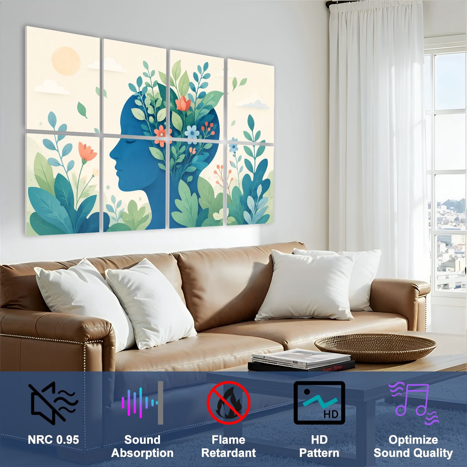 8 Pack Art Acoustic Panels Sound Absorbing Mental health awareness human mind peaceful nature Decorative Soundproof Wall Panels Self Adhesive for Clinic Hospital 48"x32"