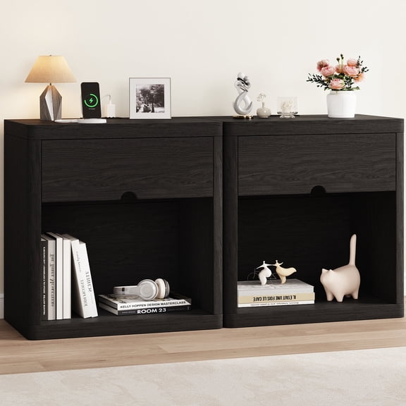 IDEALSOUL Nightstand Set of 2, Nightstand with Charging Station, 24inch Bedside Table with Curved Top Corners, Crescent Shaped Buckle, Wooden End Table for Bedroom Living Room (2pcs, Black)