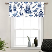 1 Panel Retro Boat Nautical Valance for Windows, Blue Pattern Coastal Rod Pocket Valance Curtains Home Decor Window Treatment for Kitchen/Living Room, 54" X 18"