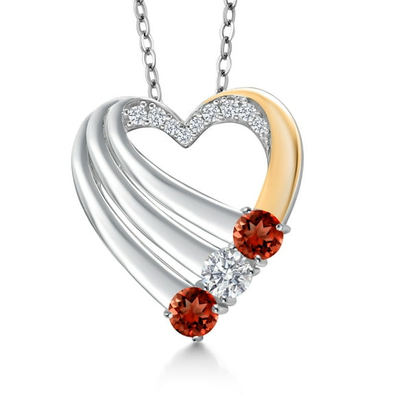 Gem Stone King 925 Silver and 10K Yellow Gold Red Garnet and White Lab Grown Diamond Heart Pendant for Women | 1.11 Cttw | Gemstone January Birthstone | With 18 inch Chain