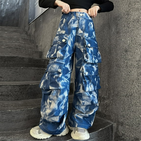 HAOTAGS Mid Waist Pants for Teens Comfy Wide Leg Cargo Demin Pants Stretch Pocket Blue 8 Years