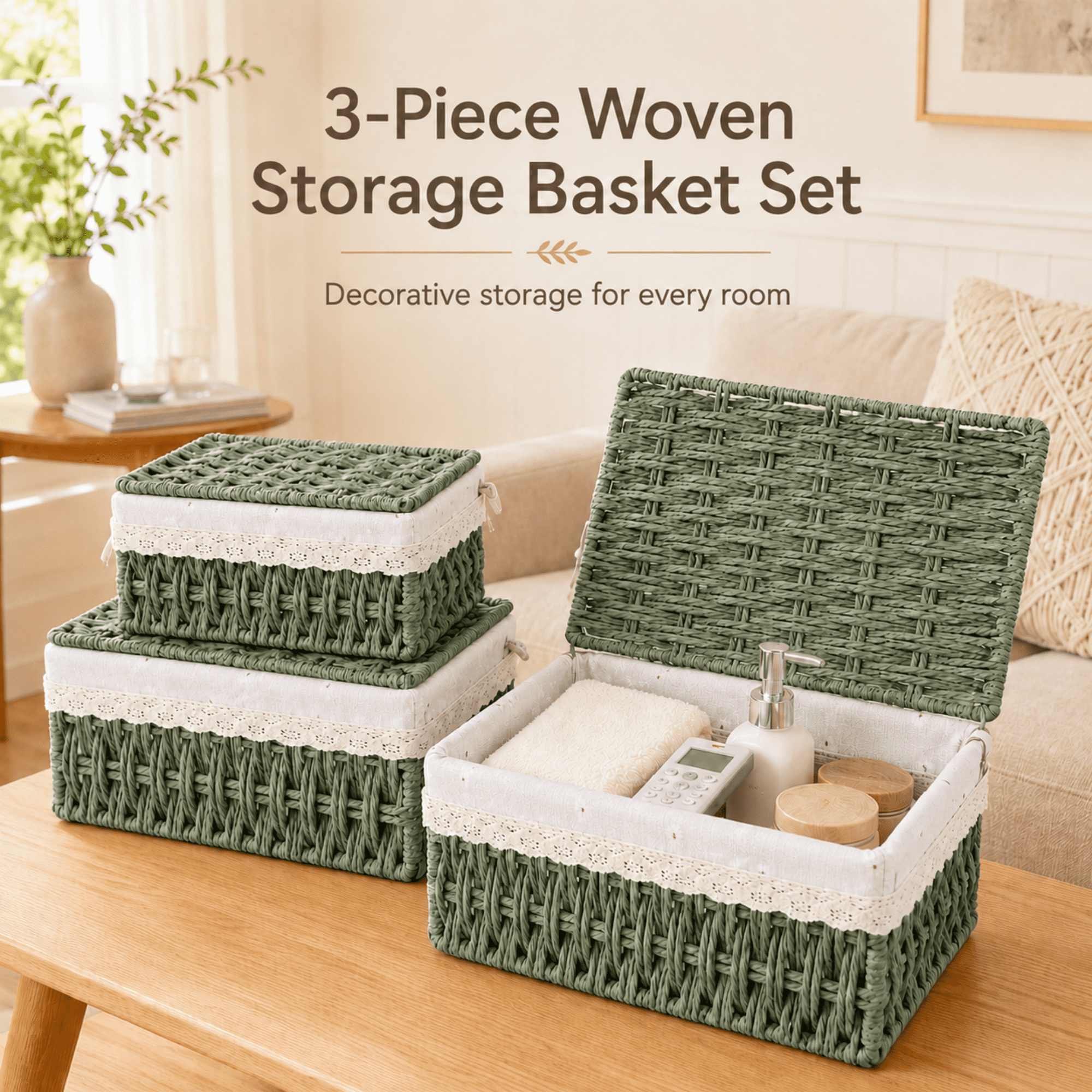 MEHOOM Wicker Woven Set of 3 Storage & Organization, Woven Storage Baskets for Bedroom, Closet, Table, or Living Room (Green)