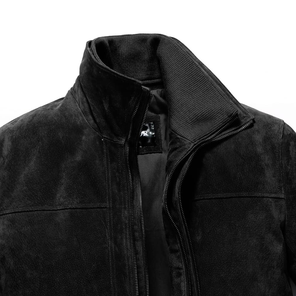 FLAVOR Men's Classic Leather Jacket Suede Winter Coat with Removable Collar (Large, Black)